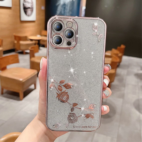 Etui do iPhone 13 Pro Max, Glitter Flower, różowe rose gold