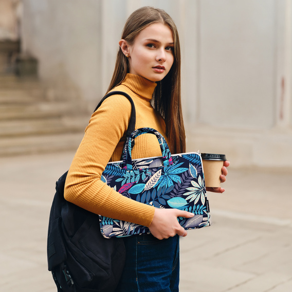 Torba na Laptopa 13" z Motywem Dużych Liści - Niebieska