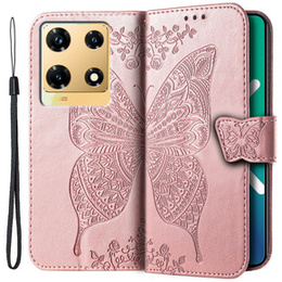 Zestaw Etui z klapką do Infinix Note 30 Pro 4G, Butterfly, różowe rose gold + szkło