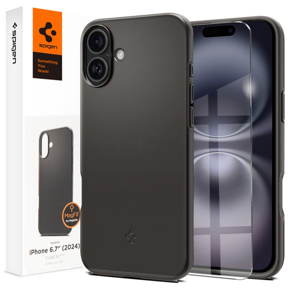 Etui Spigen do iPhone 16 Plus, Thin Fit Mag, szare + Szkło hartowane 9H