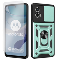 Zestaw Etui do Motorola Moto G53 5G pancerne, z ochroną aparatu i ringiem, zielone + szkło