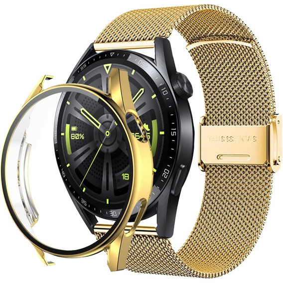 Bransoleta Milanese + Etui z osłoną na ekran do Huawei Watch GT 3 46mm, Złoty