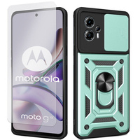 Zestaw Etui do Motorola Moto G13 / G23 pancerne, z ochroną aparatu i ringiem, zielone + szkło