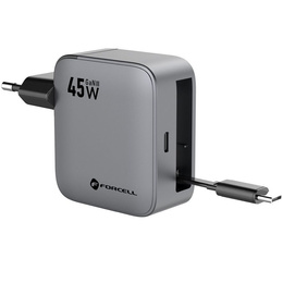 Ładowarka sieciowa do telefonu Forcell F-Energy GaN USB C + zwijany kabel USB C PD QC4.0 3A 45W VT-R5 - szara