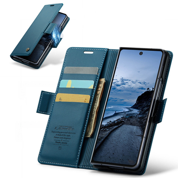 Etui z klapką CASEME do Samsung Galaxy Z Fold7 5G Litchi Wallet – niebieskie