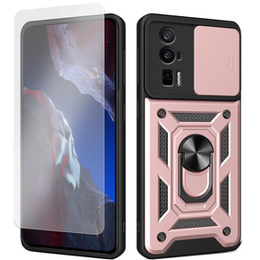 Zestaw Etui pancerne do Xiaomi Poco F5 Pro, Nox Camera Slide, różowe rose gold + Szkło