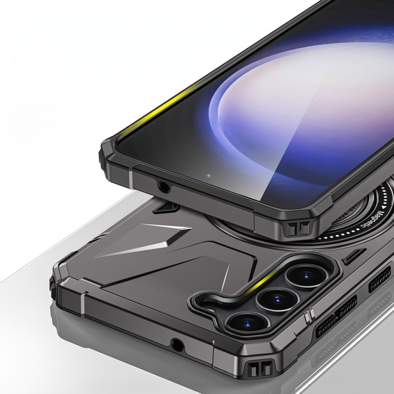 Etui do Samsung Galaxy S24, pancerne z podstawką i blaszką do uchwytu, szare