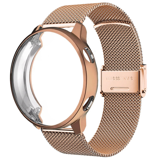 Bransoleta Milanese + Etui z osłoną na ekran do Samsung Galaxy Watch Active 2 44mm, Różowe złoto