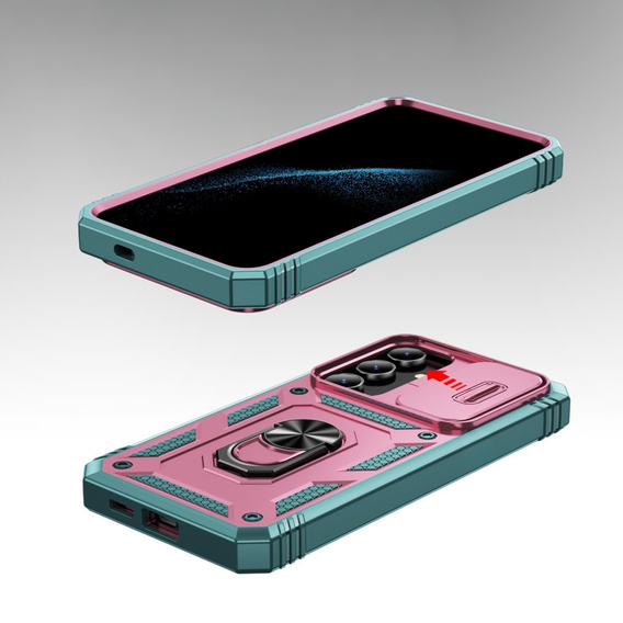 Etui pancerne do Samsung Galaxy S24, CamShield Slide, zielone / różowe