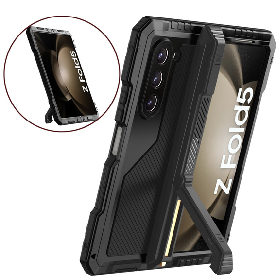 Etui pancerne do Samsung Galaxy Z Fold 5 5G, aluminiowe, z podstawką i miejscem na rysik, czarne