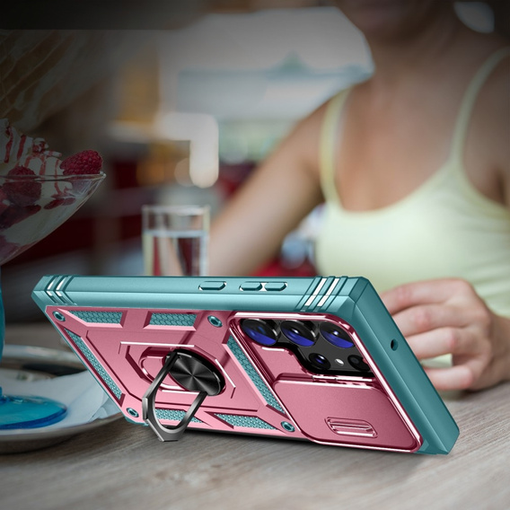 Etui pancerne do Samsung Galaxy S24 Ultra, CamShield Slide, zielone / różowe