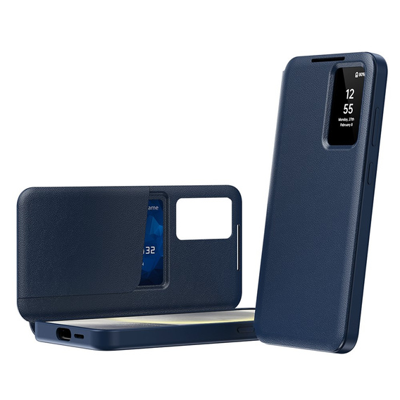 Etui z klapką do Samsung Galaxy A55 5G – niebieskie, Smart View Wallet z kieszonką na karty