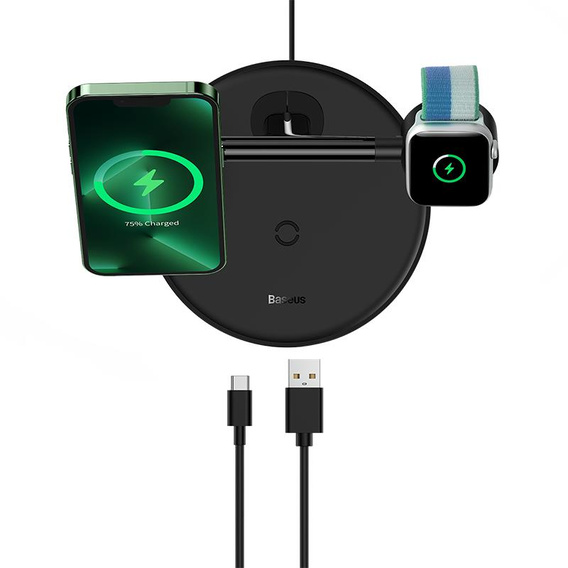 Baseus Swan 3‑w‑1 – magnetyczna ładowarka bezprzewodowa 20 W - czarna