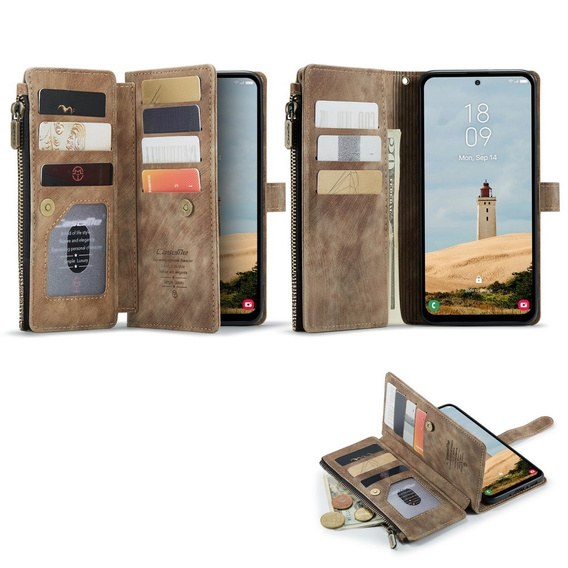 Etui CASEME do Samsung Galaxy A56 5G, Leather Wallet Cash and Card Slots, z paskiem, brązowe