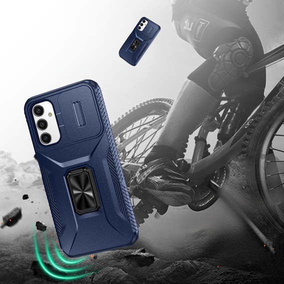 Etui do Samsung Galaxy A15, pancerne Slide Ring, niebieskie + szkło 9H