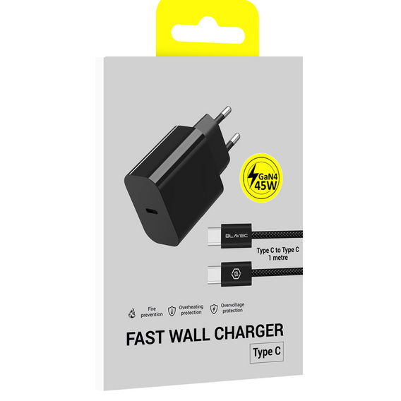 Ładowarka sieciowa GaN4 – Typ C PD/QC 45W 3A z kablem USB-C -USB-C, czarna