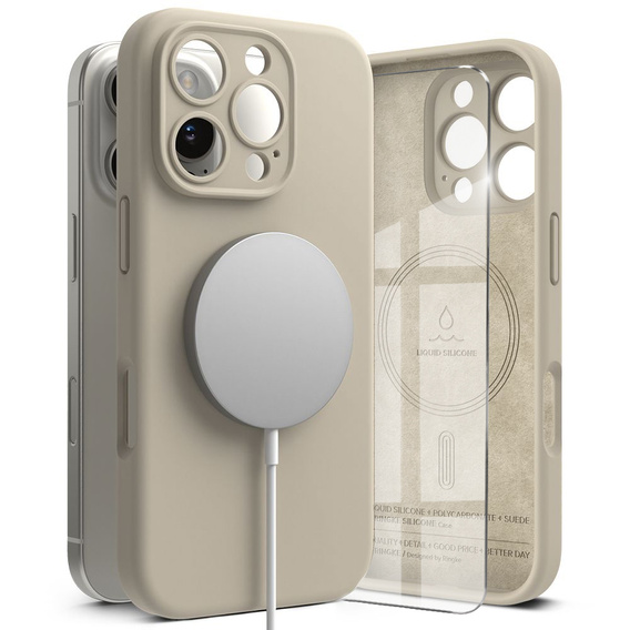 Etui Ringke do iPhone 16 Pro Max, Silicone MagSafe, beżowe + Szkło Hartowane 9H