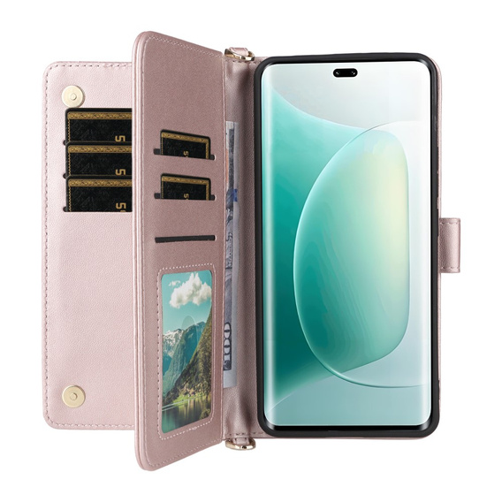 Etui z klapką do Honor 400 5G, Crossbody Leather Wallet, różowe