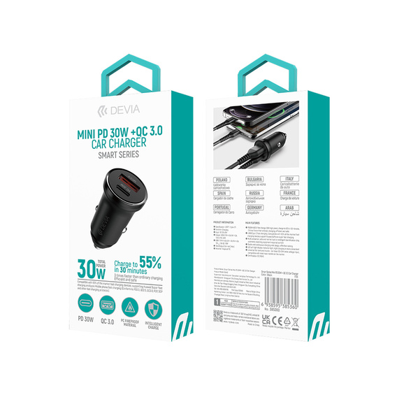 Devia Smart Mini – ładowarka samochodowa PD + QC 3.0 (30 W)