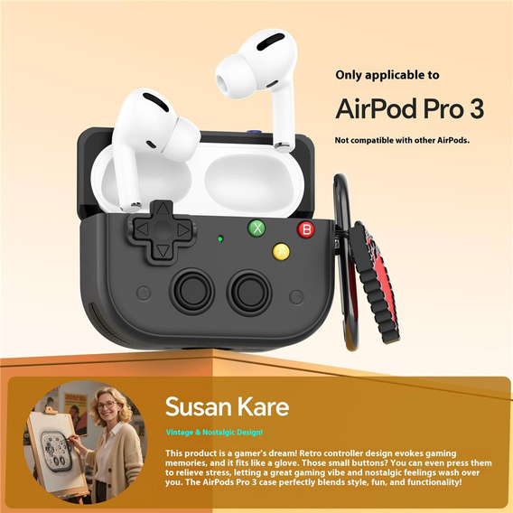 Etui na Apple Airpods Pro 3, Konsola Retro, z zawieszką serce - czarne