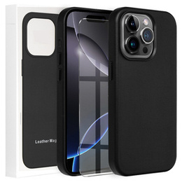 Skórzane Etui do MagSafe do iPhone 16 Pro Max, czarne + Szkło Hartowane 9H