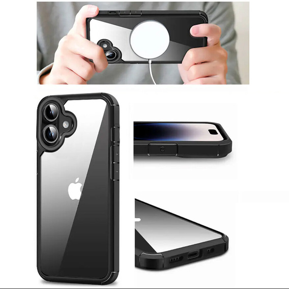 Etui do iPhone 16, ERBORD Hybrid, przezroczyste / czarne + 2x Szkło na ekran + 2x Szkło na aparat