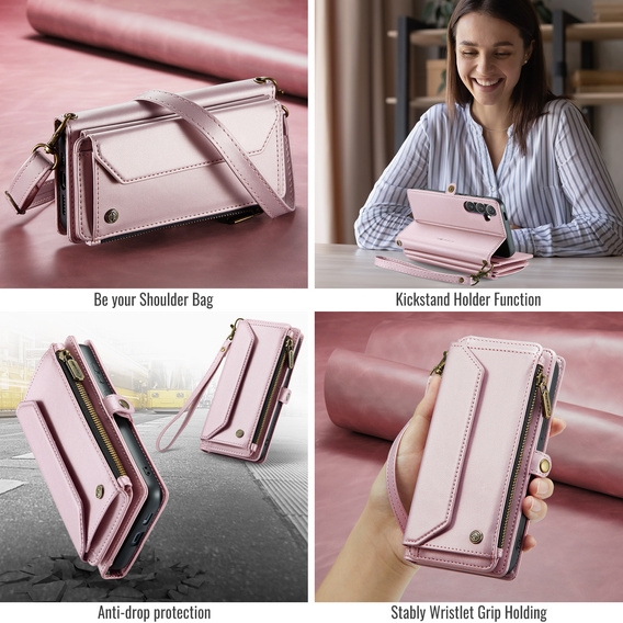 Etui CASEME do Samsung Galaxy S25 FE, RFID Leather Wallet, z paskiem na ramię, różowe