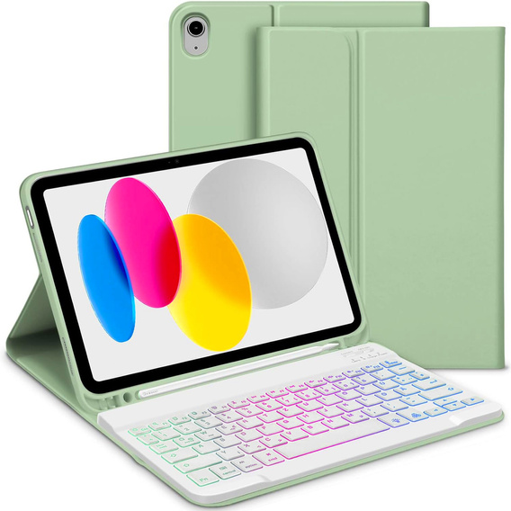 Etui z podświetlaną klawiaturą bluetooth do iPad 10.9 2022 (10 gen.), zielone