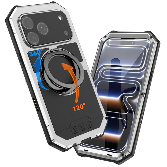 Etui pancerne do iPhone 17 Pro Max, R-JUST, do MagSafe, z podstawką, srebrne