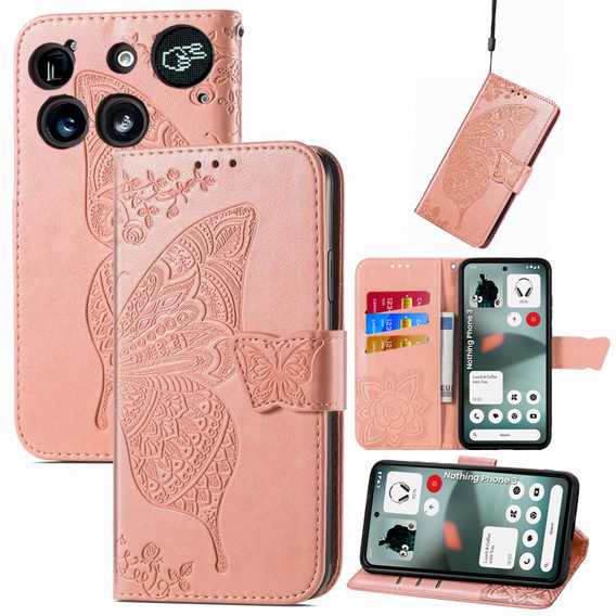 Etui z klapką do Nothing Phone 3 5G, Butterfly, różowe rose gold