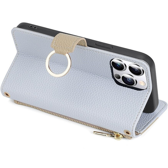 Etui z klapką do iPhone 15 Pro Max, Wallet Zipper Pocket, z lusterkiem, niebieskie