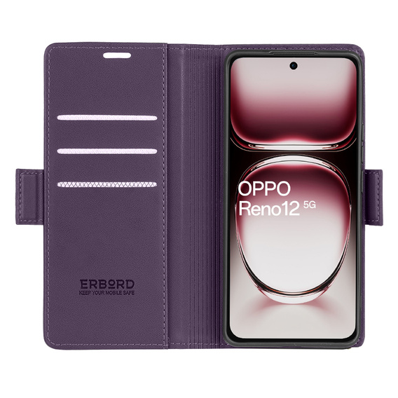 Etui do Oppo Reno 12, ERBORD Glossy Litchi, portfel z klapką, fioletowe