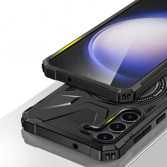 Etui do Samsung Galaxy S24, pancerne z podstawką i blaszką do uchwytu, czarne