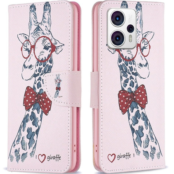 Etui z klapką do Motorola Moto G53 5G / G23 / G13, Wallet, Giraffe różowe