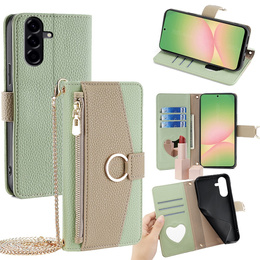 Etui z klapką do Samsung Galaxy A56 5G, Wallet Zipper Pocket, z lusterkiem, zielone