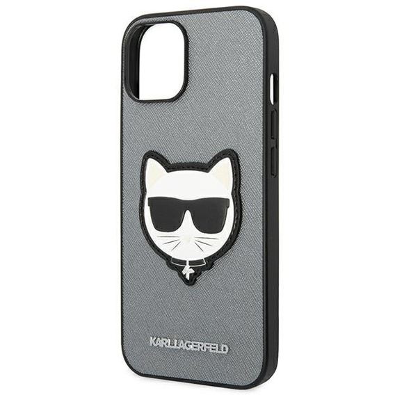 Etui Karl Lagerfeld do iPhone 14 Plus, Saffiano Choupette Head Patch, srebrne