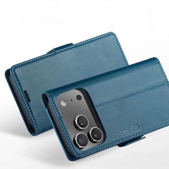 Etui do iPhone 17 Pro Max, ERBORD Glossy Litchi, portfel z klapką, niebieskie