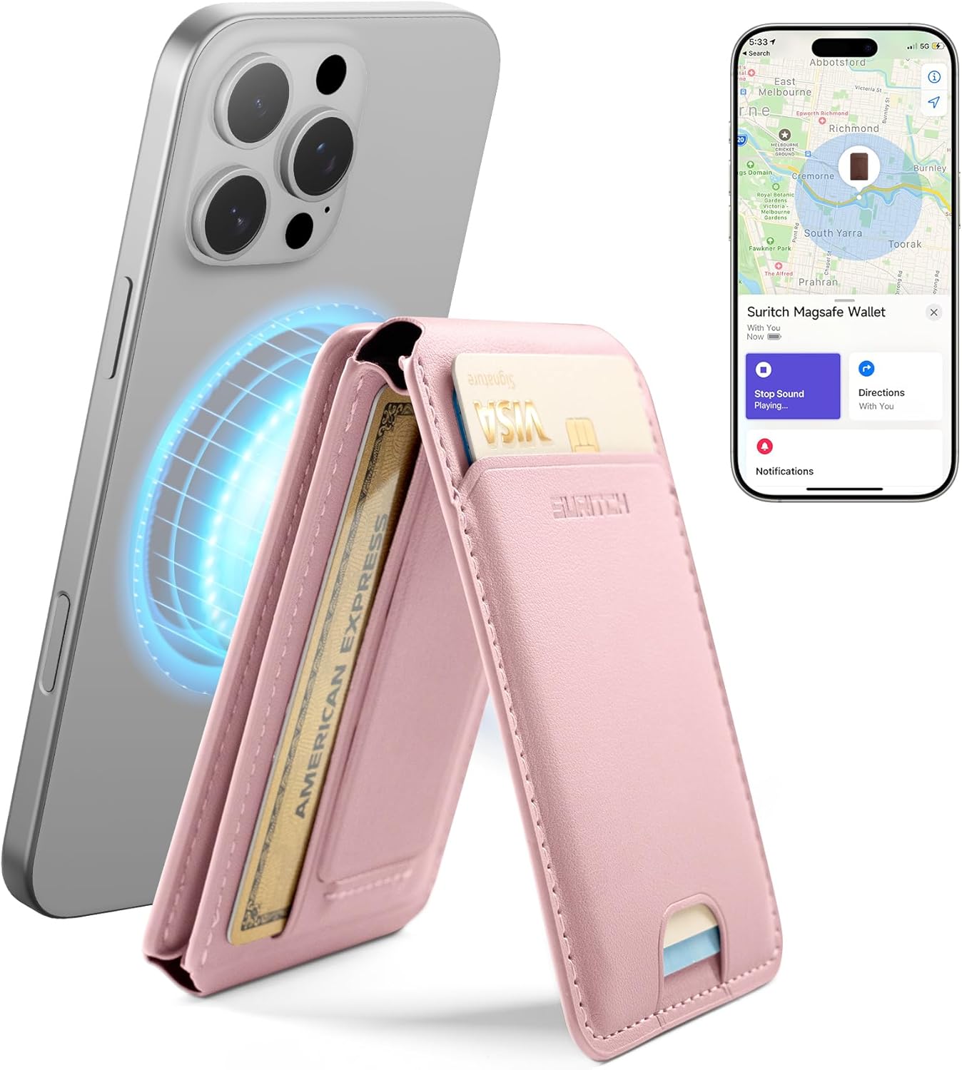 Magnetyczny portfel SURITCH z lokalizatorem Find My, NFC i podstawką