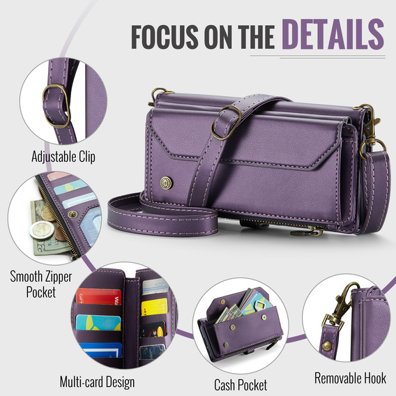 Etui CASEME do Samsung Galaxy S25 FE, RFID Leather Wallet, z paskiem na ramię, fioletowe