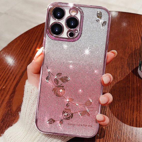 Etui do iPhone 16 Pro Max, Glitter Flower, różowe rose gold