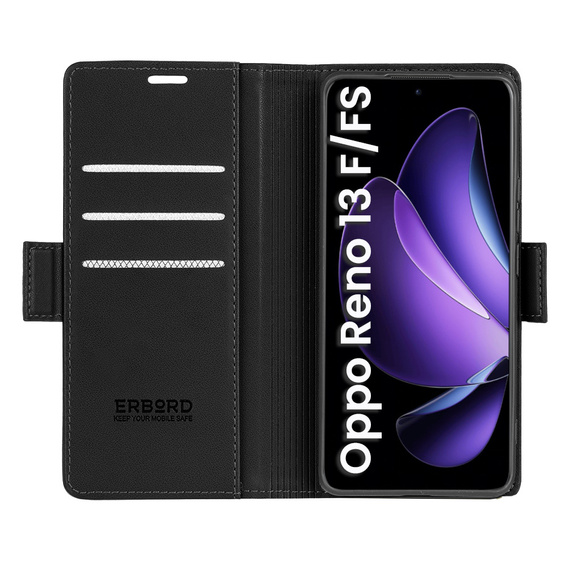 Etui do Oppo Reno 13F / Oppo Reno 13FS, ERBORD Glossy Litchi, portfel z klapką, czarne