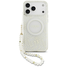 Etui GUESS do iPhone 17 Pro Max, IML Flowers Electroplated Allover With Beads Strap, do MagSafe, z paskiem, białe