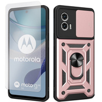 Zestaw Etui do Motorola Moto G53 5G pancerne, z ochroną aparatu i ringiem, różowe rose gold + szkło