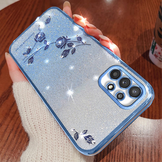 Etui do Samsung Galaxy A53 5G, Glitter Flower, niebieskie