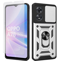 Zestaw Etui pancerne do Oppo A78 5G, Nox Camera Slide, srebrne + szkło