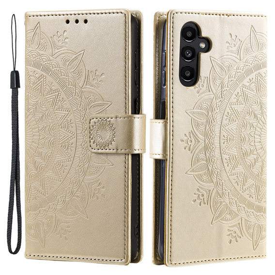 Etui z klapką do Samsung Galaxy A15, Mandala Flower, złote + szkło 9H