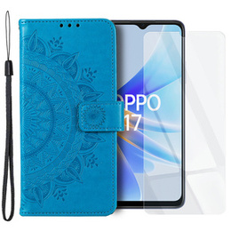 Zestaw Etui do Oppo A17, portfel ze wzorem Mandala z klapką, niebieskie + Szkło