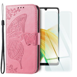 Zestaw Etui z klapką do Galaxy A33 5G, Motyl, Różowe + szkło