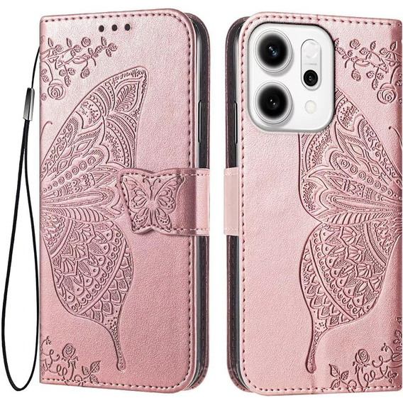 Etui z klapką do Oppo Reno 14, z wytłoczonym wzorem motyla, różowe rose gold
