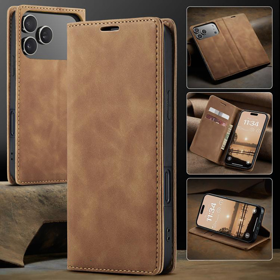 Etui do iPhone 17 Pro Max, ERBORD Vintage portfel z klapką, kawowe